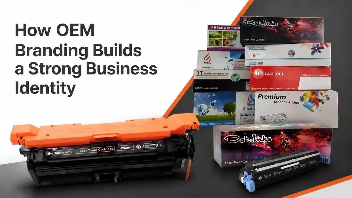 Graphic titled "How OEM Branding Builds a Strong Business Identity". Features stacked Dot.inks and custom toner boxes alongside two laser cartridges—one large with an orange cover (LH260A) and a smaller black cartridge.