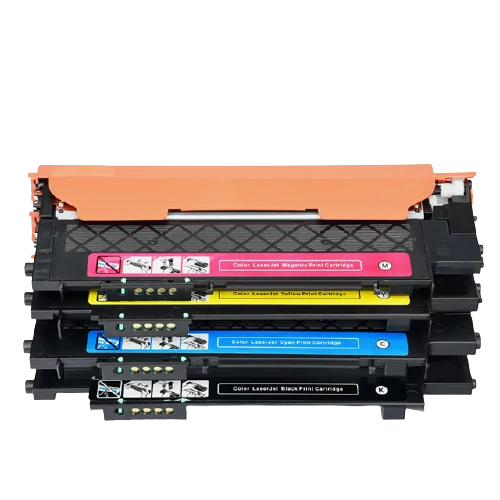 HP 203A Toner Set CF540/541/542/543A/CRG054 Compatible Toners without their box. Against a clean white background, four color laser toner cartridges are vertically stacked from top to bottom: Magenta, Yellow, Cyan, and Black. The top unit features a wide orange protective cover plate, while each cartridge displays a front color-coded label strip reading "Color LaserJet Magenta Print Cartridge", "Color LaserJet Yellow Print Cartridge", "Color LaserJet Cyan Print Cartridge", and "Color LaserJet Black Print"