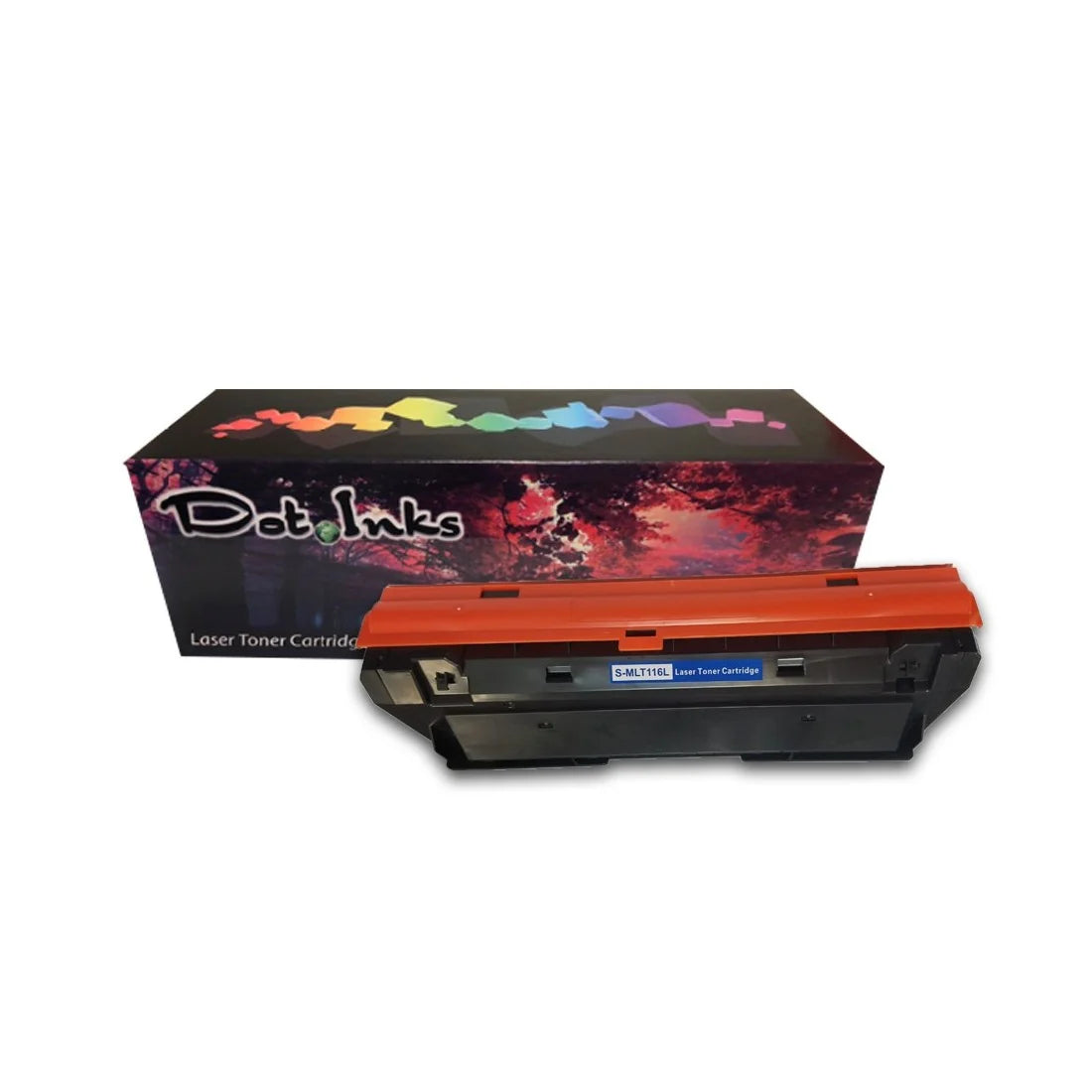 Samsung MLT-D116S Compatible Black Toner. In the foreground against a clean white background, a black laser toner cartridge featuring an orange protective top cover plate and a blue label marked "S-MLT116L Laser Toner Cartridge" rests in front of a matching Dot Inks brand retail box featuring an autumn canopy and a vibrant multi-colored banner across the top.