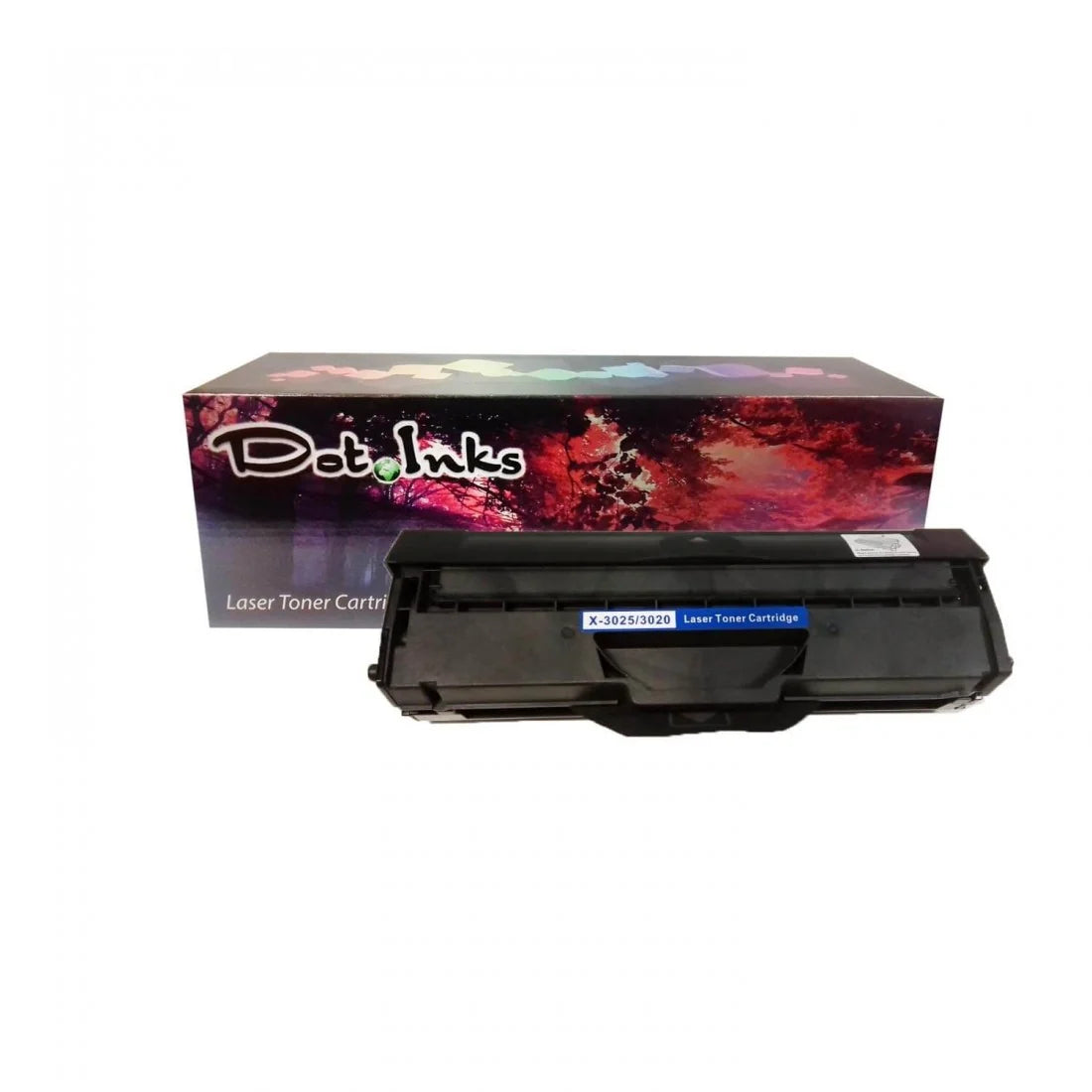Xerox Phaser X 3025/3020 (Compatible) Laser Toner Cartridge. In the foreground against a clean white background, a black laser toner cartridge featuring a central blue label marked "X-3025/3020 Laser Toner Cartridge" rests in front of a matching Dot Inks brand retail box featuring an autumn canopy and a vibrant multi-colored banner across the top.