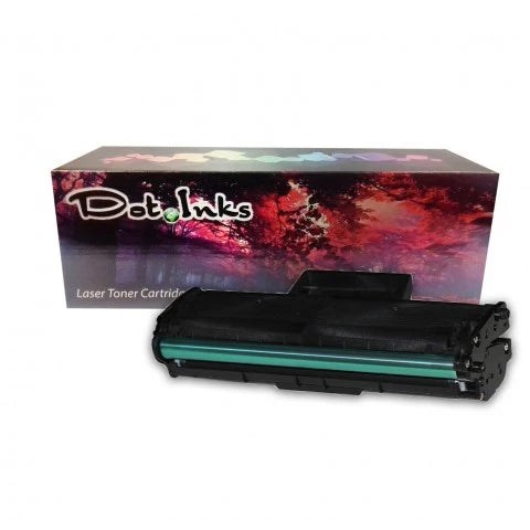 Samsung S-MLT101S Toner Cartridge without its box. In the foreground, a black laser toner unit featuring structured plastic housing and an exposed green roller component rests against a clean white background in front of a matching Dot Inks brand product box featuring a reddish landscape and autumn tree canopy design.