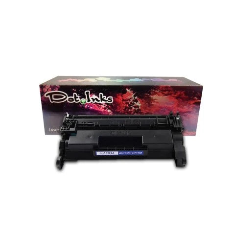 HP CN-CRG052/CF226A (Compatible) Black Toner Cartridge.In the foreground against a clean white background, a black laser toner cartridge featuring a central blue label marked "H-CF226A Laser Toner Cartridge" rests in front of a matching Dot Inks brand retail box featuring an autumn canopy and a vibrant multi-colored banner across the top.