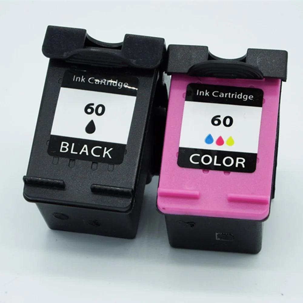 HP 60 XL Black and Color Ink Cartridge Set without their box. In the foreground against a clean white background, the set features a black ink cartridge and a tri-color cartridge with a pink protective clip, both displaying white labels marked "60", ink drop icons, and "BLACK" and "COLOR" banners.