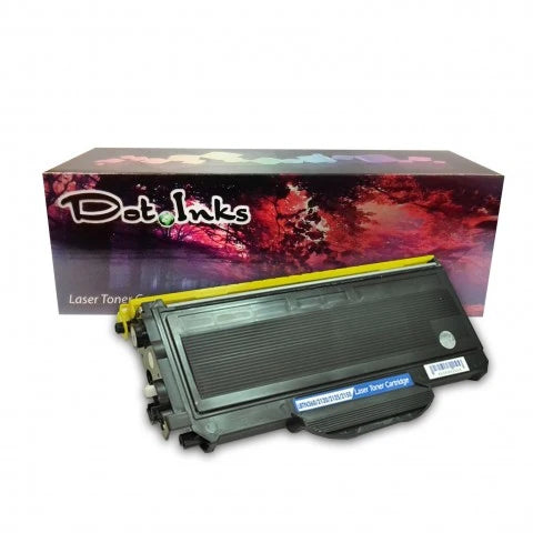 Brother TN330 - 2110/2115/2130 laser toner cartridge. In the foreground against a clean white background, a black laser toner unit featuring structured plastic housing, a bright yellow top cover strip, and a blue label marked "LBTRK360/2130/2135/2150 Laser Toner Cartridge" rests in front of a matching Dot Inks brand product box featuring an autumn tree canopy and reddish landscape design.