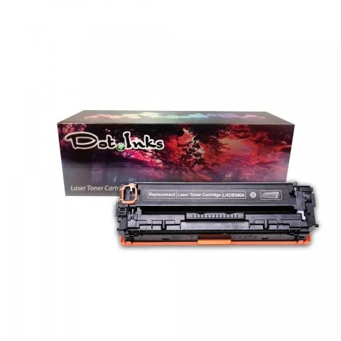 HP CB540A/541A/542A/543A Compatible Toner Cartridges. In the foreground against a clean white background, a black laser toner unit featuring structured plastic housing, orange protective covers, and a white label marked "Replacement Laser Toner Cartridge LHCB540A" rests in front of a matching Dot Inks brand retail box featuring an autumn tree canopy and reddish landscape design.