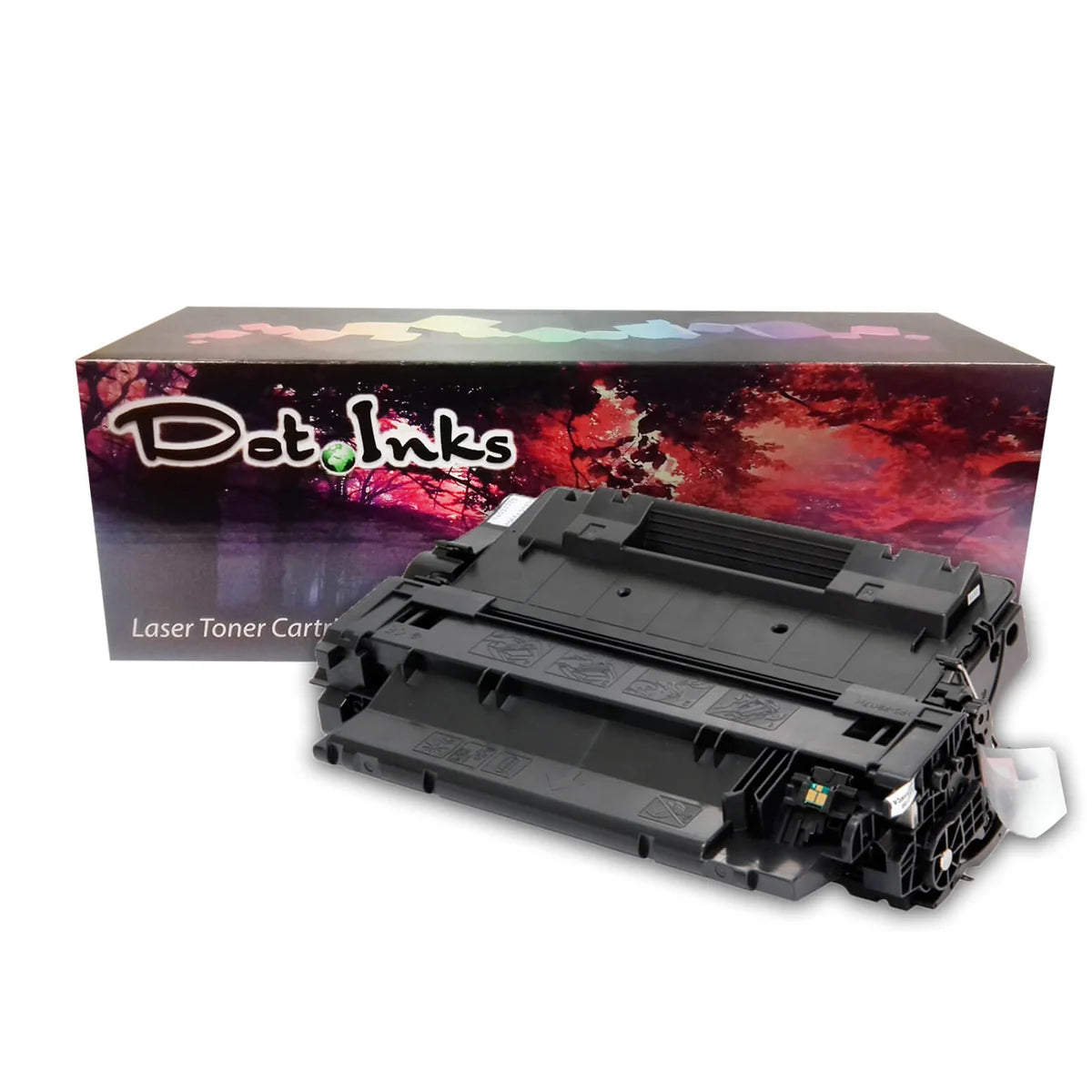 HP 55A laser toner cartridge features a black laser toner unit with structured plastic housing, integrated folding handle/flap, top installation diagrams, side gear/contact assemblies, and a pull-tab sealing strip, positioned horizontally in front of a "Dot Inks" retail box against a white background with a soft drop shadow. 