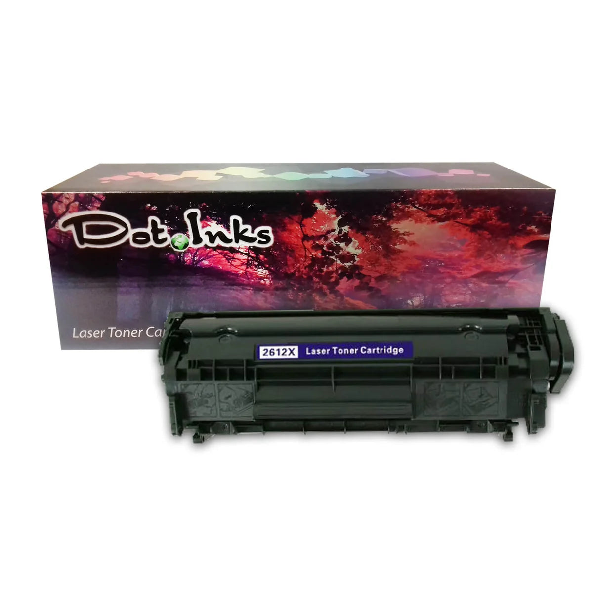 HP 12A (2612A) Toner Cartridge. In the foreground, a heavy-duty black laser toner unit featuring structured plastic housing with molded handling/installation diagrams, side gear/spring assemblies, and a blue center label marked "2612X Laser Toner Cartridge" rests before a "Dot Inks" branded retail packaging box on a white background with a soft drop shadow.