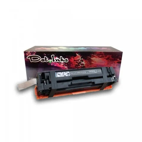 HP 201A CF400/401/402/403A/CRG045 Color Laser Toner Cartridges. In the foreground against a clean white background, a black laser toner unit featuring structured plastic housing, an orange protective base cover, and a pull-tab rests in front of a matching Dot Inks brand retail box featuring an autumn tree canopy and reddish landscape design.