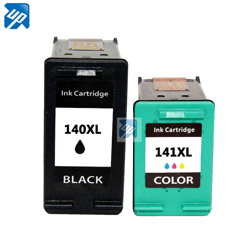 Two compatible HP ink cartridges without their boxes shown side-by-side against a plain white background: Black Cartridge (Left): A larger, all-black ink cartridge labeled 140XL with a black ink droplet symbol and the word BLACK printed at the bottom.Tri-Color Cartridge (Right): A slightly smaller ink cartridge with a bright teal-green plastic body and face, labeled 141XL with three small colored droplets (cyan, magenta, yellow) and the word COLOR printed at the bottom.