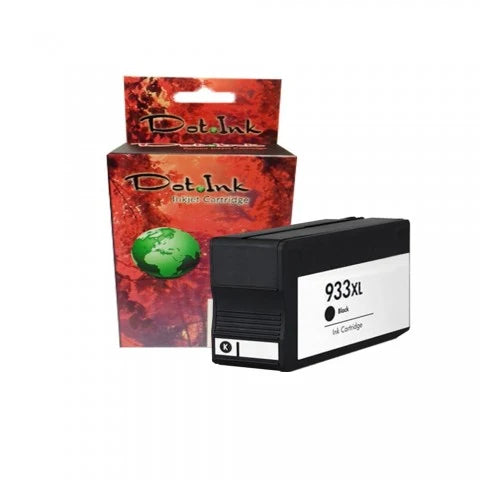 HP 932X Bk /933C/Y/M Inkjet Cartridges - Compatible. In the foreground against a clean white background, a black individual inkjet cartridge featuring a white label marked "933XL Black Ink Cartridge" with a "K" indicator icon rests in front of a matching Dot Ink brand hanging retail box featuring an autumn canopy and a globe graphic.
