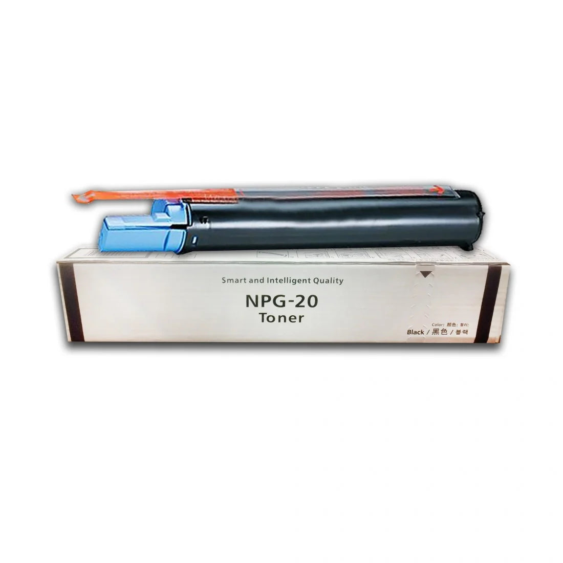 Canon GPR8 NPG20 C-EXV5 Compatible Toner. In the foreground against a clean white background, a cylindrical black toner cartridge featuring blue protective plastic components and an orange pull-tab rests on top of a matching white retail box labeled "Smart and Intelligent Quality NPG-20 Toner Color: Black / 黑色 / 블랙".