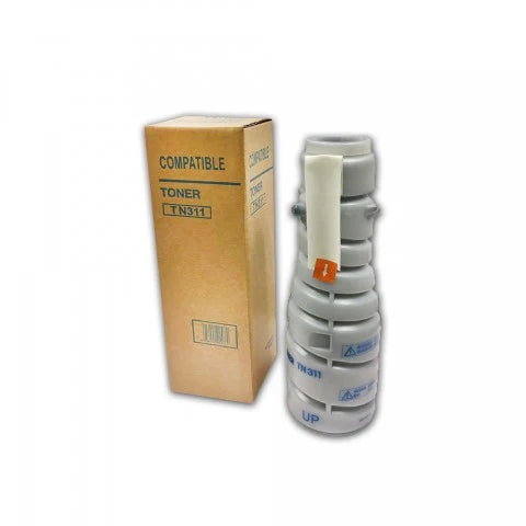 TN311 Compatible Toner Cartridge. In the foreground against a clean white background, a vertical grey cylindrical toner bottle featuring ribbed sections, a pull-tab seal with an orange arrow indicator, and blue text markings including "TN311" and "UP" stands upright next to a matching brown cardboard retail box labeled "COMPATIBLE TONER TN311".