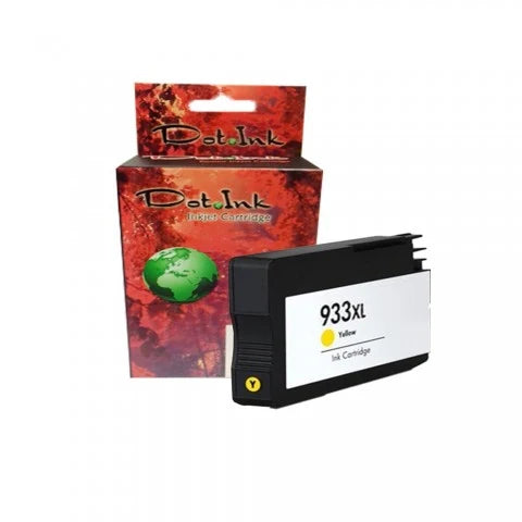 HP 932X Bk /933C/Y/M Inkjet Cartridges - Compatible. In the foreground against a clean white background, a black individual inkjet cartridge featuring a white label marked "933XL Yellow Ink Cartridge" with a yellow "Y" indicator icon rests in front of a matching Dot Ink brand hanging retail box featuring an autumn canopy and a globe graphic.