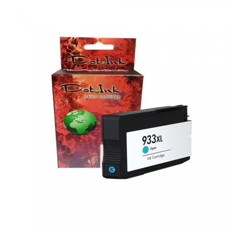 HP 932X Bk /933C/Y/M Inkjet Cartridges - Compatible. In the foreground against a clean white background, a black individual inkjet cartridge featuring a white label marked "933XL Cyan Ink Cartridge" with a blue "C" indicator icon rests in front of a matching Dot Ink brand hanging retail box featuring an autumn canopy and a globe graphic.