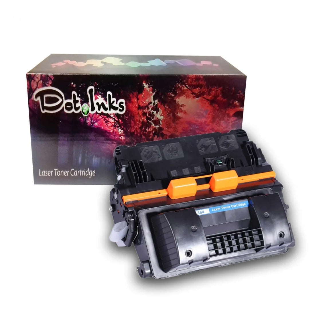 HP 364A/390A Black Toner Cartridge. In the foreground against a clean white background, a complex black laser toner cartridge featuring orange protective locking clips and a blue label marked "364 Laser Toner Cartridge" rests in front of a matching Dot Inks brand retail box featuring an autumn canopy and a vibrant multi-colored banner across the top.