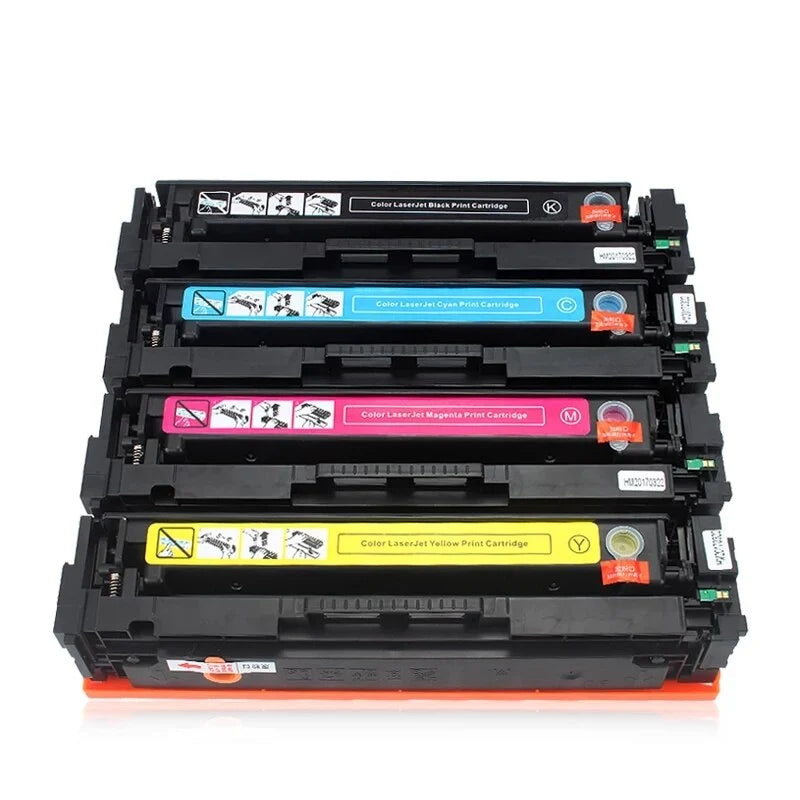 A standalone stack of four HP color laser toner cartridges (black, cyan, magenta, and yellow) without their box resting on an orange protective base against a white background. Each unit features a durable black plastic housing, top-mounted warning/installation diagrams, integrated side handles, gear/contact mechanisms, and color-coded labels specifying "Color LaserJet [Color] Print Cartridge" with respective channel indicators (K, C, M, Y).