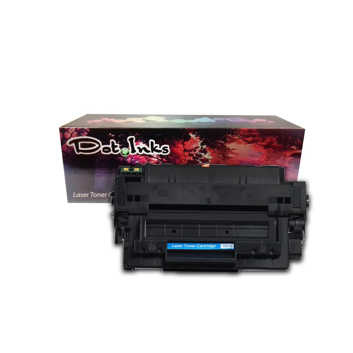HP 51A Toner Cartridge (Q7551A). In the foreground, a heavy-duty black laser toner unit with structured housing, a green electronic contact board on the upper left, side gear/spring assemblies, and a cyan center label marked "Laser Toner Cartridge 7551A" rests against a soft drop shadow on a white background. Behind the unit sits a "Dot Inks" branded retail packaging box.