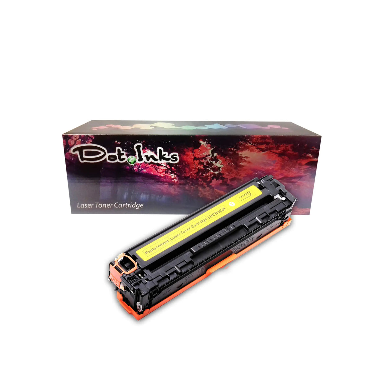 HP CB540A/541A/542A/543A Compatible Toner Cartridges. In the foreground against a clean white background, a black laser toner unit featuring structured plastic housing, orange protective covers, and a yellow label marked "Replacement Laser Toner Cartridge LHCB542A" rests in front of a matching Dot Inks brand retail box featuring an autumn tree canopy and reddish landscape design.