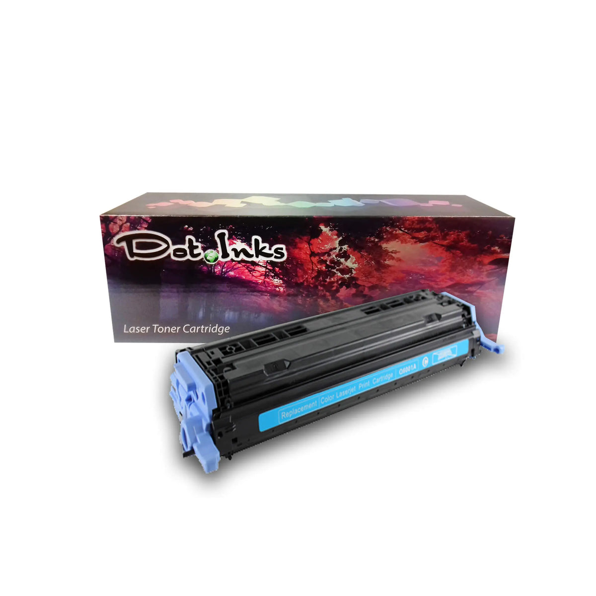 HP Q6001A (6001A) Cyan Replacement Color LaserJet Print Cartridge. In the foreground, a black laser toner unit with structured housing, light blue side handle/lever assemblies, and a cyan center label marked "Replacement | Color LaserJet Print Cartridge | Q6001A" paired with a cyan "C" badge rests before a "Dot Inks" branded retail packaging box on a white background with a soft drop shadow.