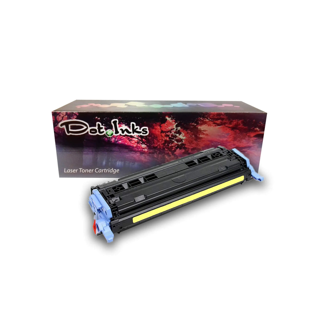 HP Q6002A (6002) Yellow Remanufactured Color LaserJet Print Cartridge. In the foreground, an angled black laser toner unit with structured housing, light blue side handle/end-cap assemblies, a red/orange protective clip accent on the left, and a bright yellow sealing tape/strip along the lower housing rests before a "Dot Inks" branded retail packaging box on a white background with a soft drop shadow.