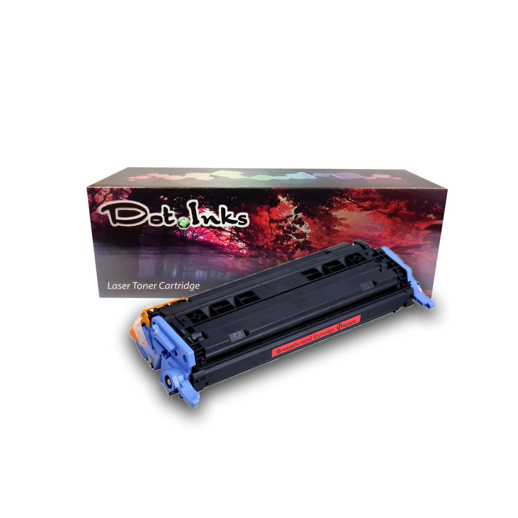 HP Q6003A (6003A) Magenta Remanufactured Color LaserJet Print Cartridge. In the foreground, an angled black laser toner unit with structured housing, light blue side handle/end-cap assemblies, an orange/yellow protective clip on the left, and a red center label marked "Remanufactured Cartridge Magenta" with an "M" icon rests before a "Dot Inks" branded retail packaging box on a white background with a soft drop shadow.