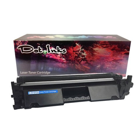 HP CF217A / HP 17A / Canon CRG047 black toner cartridge compatible with HP printers, displayed alongside its packaging which has the brand 'Dotinks' logo on a white background