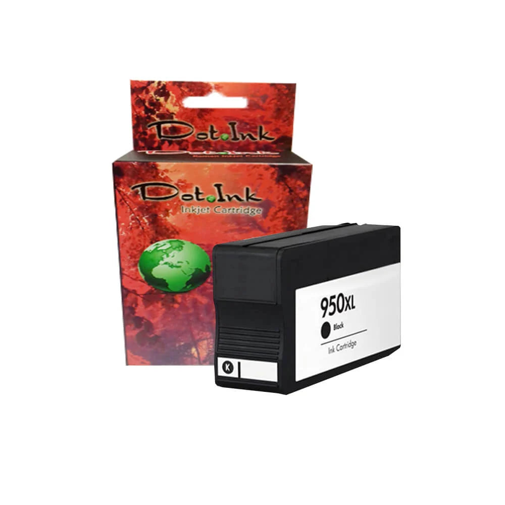 HP 950XL Bk /951XL C/Y/M Inkjet Cartridge. In the foreground against a clean white background, a black individual inkjet cartridge featuring a white label marked "950XL Black Ink Cartridge" with a "K" indicator icon rests in front of a matching Dot Ink brand hanging retail box featuring an autumn canopy and a globe graphic.