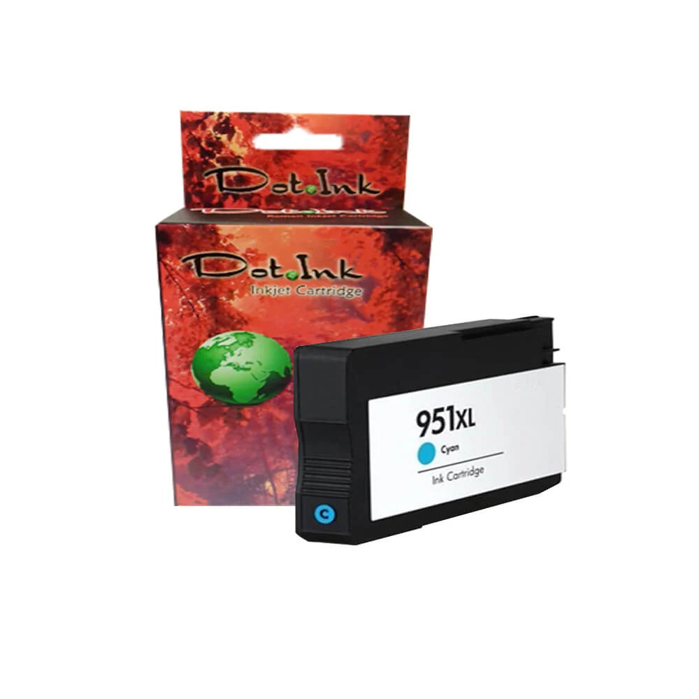 HP 950XL Bk /951XL C/Y/M Inkjet Cartridge. In the foreground against a clean white background, a black individual inkjet cartridge featuring a white label marked "951XL Cyan Ink Cartridge" with a blue "C" indicator icon rests in front of a matching Dot Ink brand hanging retail box featuring an autumn canopy and a globe graphic.
