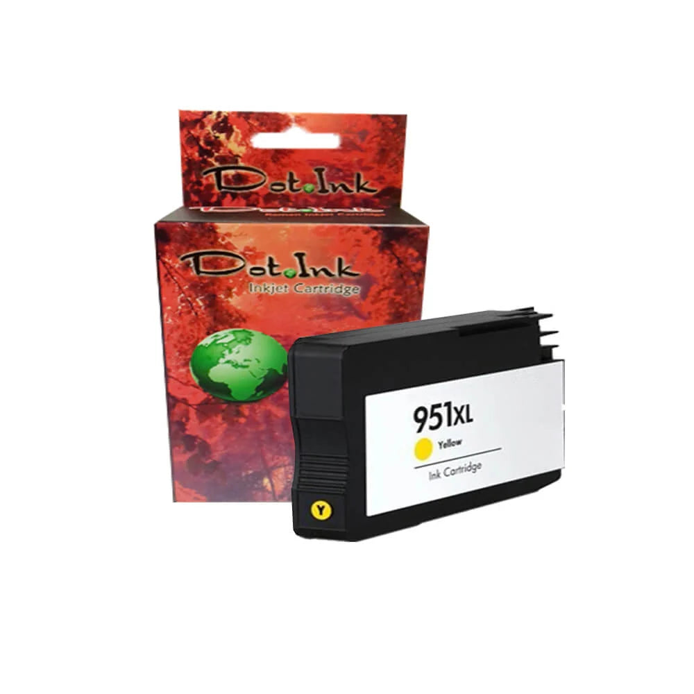 HP 950XL Bk /951XL C/Y/M Inkjet Cartridge. In the foreground against a clean white background, a black individual inkjet cartridge featuring a white label marked "951XL Yellow Ink Cartridge" with a yellow "Y" indicator icon rests in front of a matching Dot Ink brand hanging retail box featuring an autumn canopy and a globe graphic.