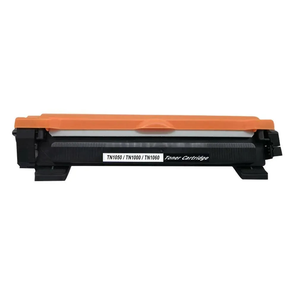 TN-1000/1030/1050/1060/1070/1075 Toner Cartridges without its box. In the foreground, a front-facing heavy-duty black laser toner unit featuring structured plastic housing, bright orange protective top cover components, and a center white label marked "TN1050 / TN1000 / TN1060 Toner Cartridge" set against a clean white background.
