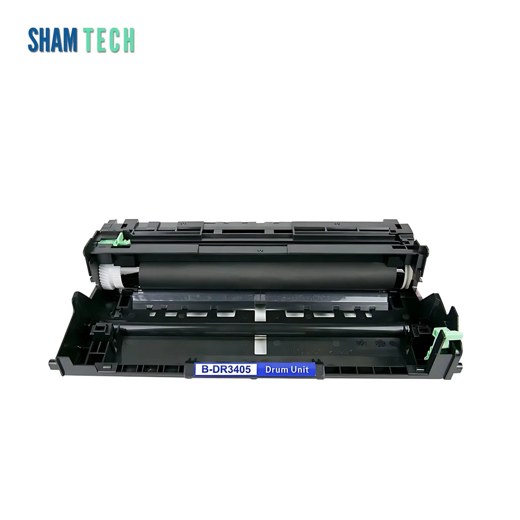 A Dot Inks compatible drum unit component for Brother printers (model B-DR3405) without its box set against a plain white background. The unit features a wide black plastic housing with internal rollers, green corner release clips, and a central blue-and-white identification label reading "B-DR3405 Drum Unit". The SHAM TECH brand logo is positioned in the upper-left corner of the frame.