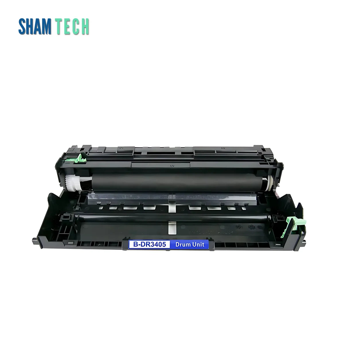 A Dot Inks compatible drum unit component for Brother printers (model B-DR3405) without its box set against a plain white background. The unit features a wide black plastic housing with internal rollers, green corner release clips, and a central blue-and-white identification label reading "B-DR3405 Drum Unit". The SHAM TECH brand logo is positioned in the upper-left corner of the frame.