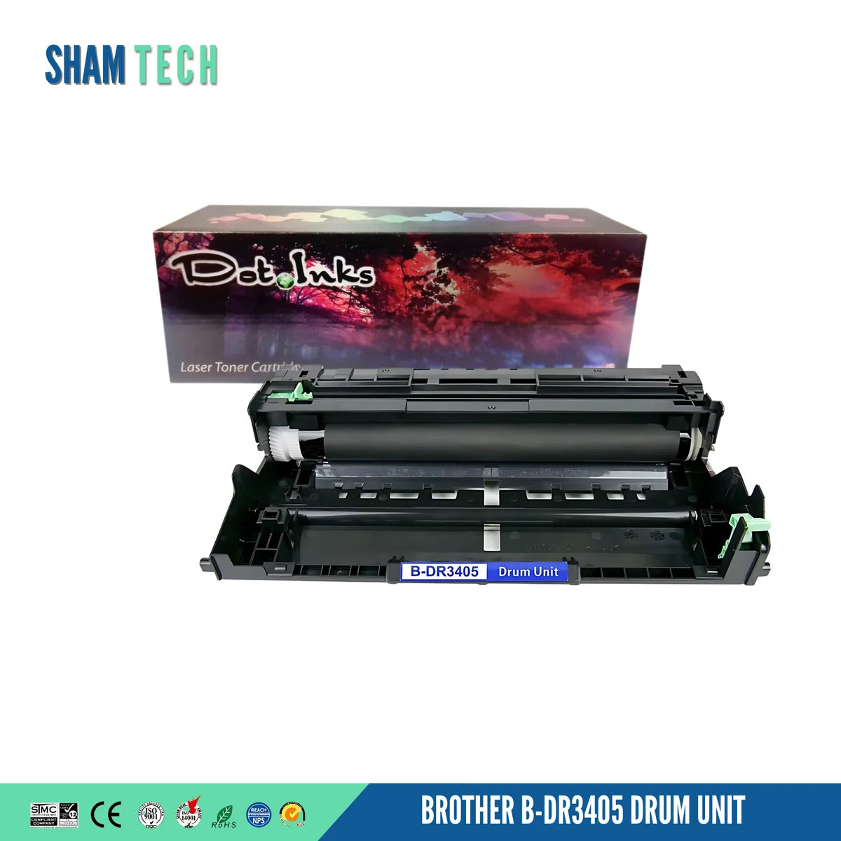A Dot Inks compatible drum unit for Brother printers (model B-DR3405) positioned in front of its retail packaging box against a clean white background. The black plastic drum unit features internal rollers, green corner release clips, and a central blue-and-white identification label reading "B-DR3405 Drum Unit". Placed directly behind it sits the Dot Inks retail packaging box displaying the signature red-and-purple autumn forest design topped with a rainbow gradient bar. 