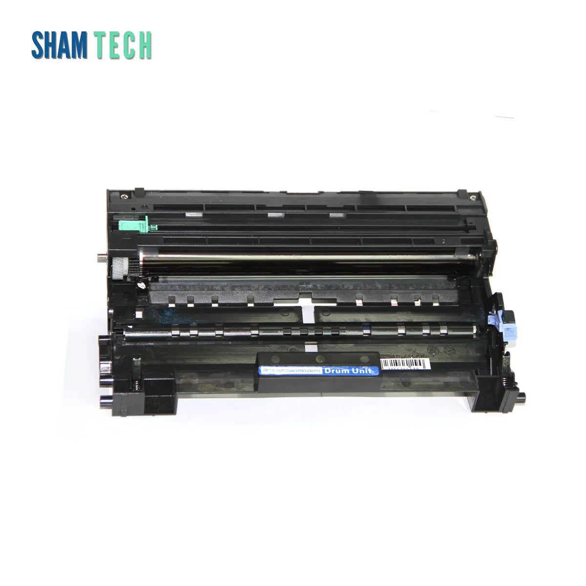 A compatible drum unit component for Brother printers (model series DR720 / 3325 / 3300 / 3355 / 3350 / 51J) set against a clean white background. The component features a wide black plastic housing with exposed internal rollers, a metallic shaft, a green clip on the upper left, a blue release lever on the right side, and a central blue identification label reading "Drum Unit" alongside a barcode sticker. The SHAM TECH brand logo appears in the upper-left corner of the frame.