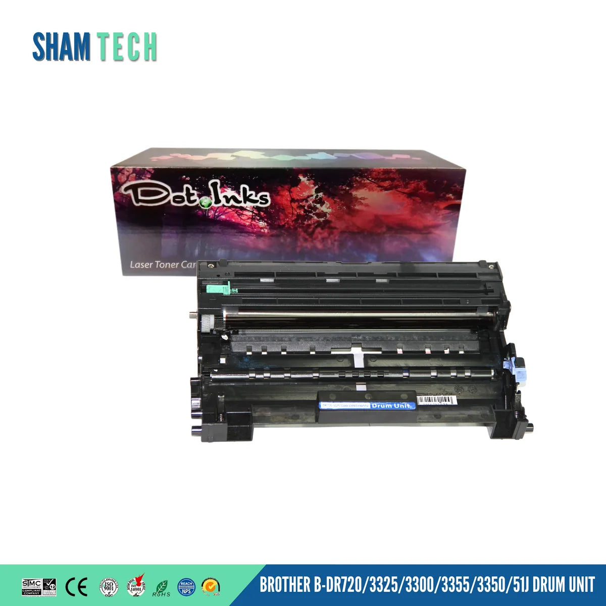 A Dot Inks compatible drum unit for Brother printers (model series DR720 / 3325 / 3300 / 3355 / 3350 / 51J) positioned in front of its retail packaging box against a white background. The drum unit consists of a wide, black plastic tray frame with exposed rollers, a metallic shaft, a small green clip on the upper left, a blue release lever on the right side, and a central blue identification label reading "Drum Unit" alongside a barcode sticker. Behind the unit, the Dot Inks retail box displays the logo.