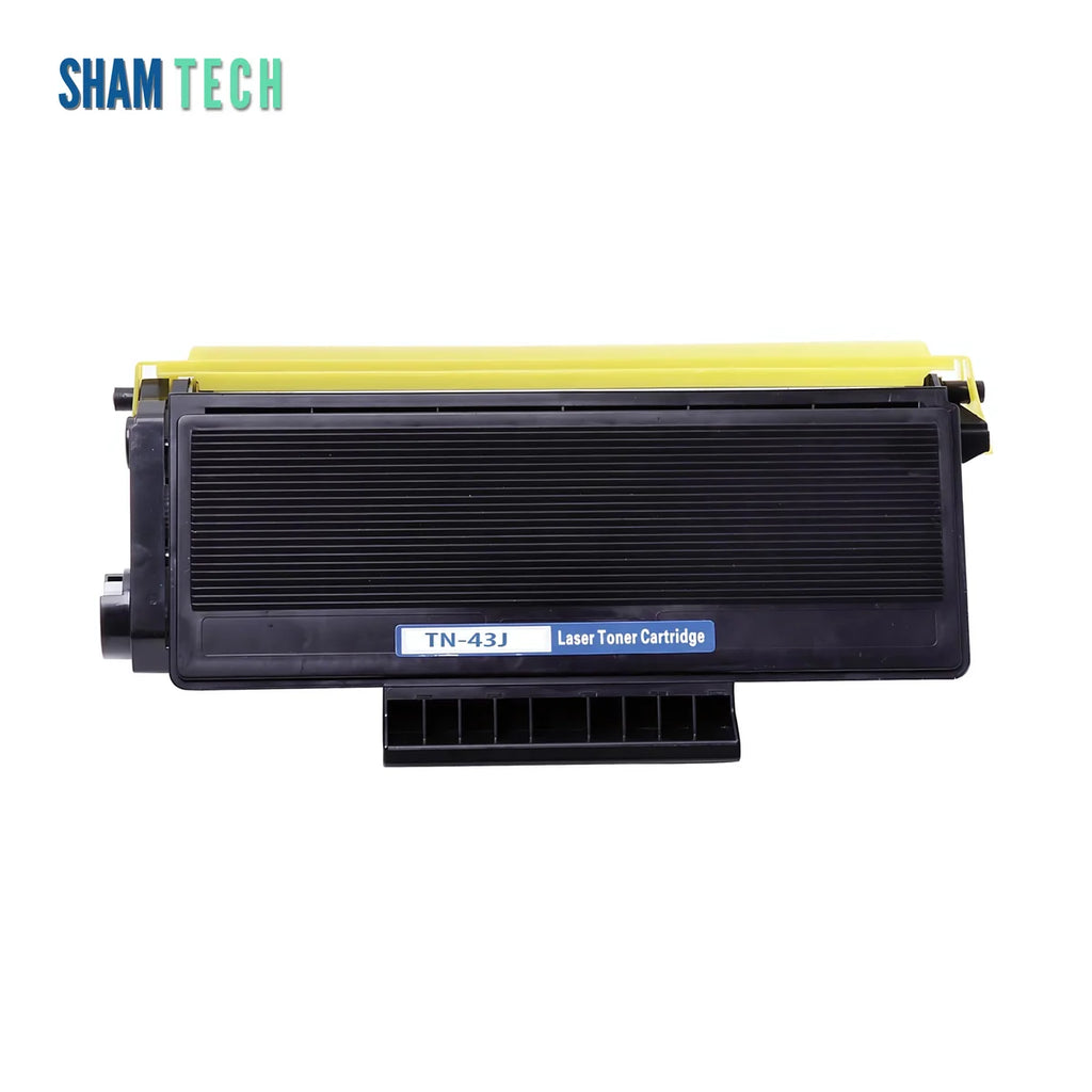 A black Brother laser printer cartridge is displayed horizontally without its box against a white background, featuring a ribbed black plastic housing, a yellow protective cap across the top, and a blue label reading "TN-43J Laser Toner Cartridge". The "SHAM TECH" logo appears in the top-left corner, and a large translucent "SHAM TECH" watermark is overlaid diagonally across the center of the image.