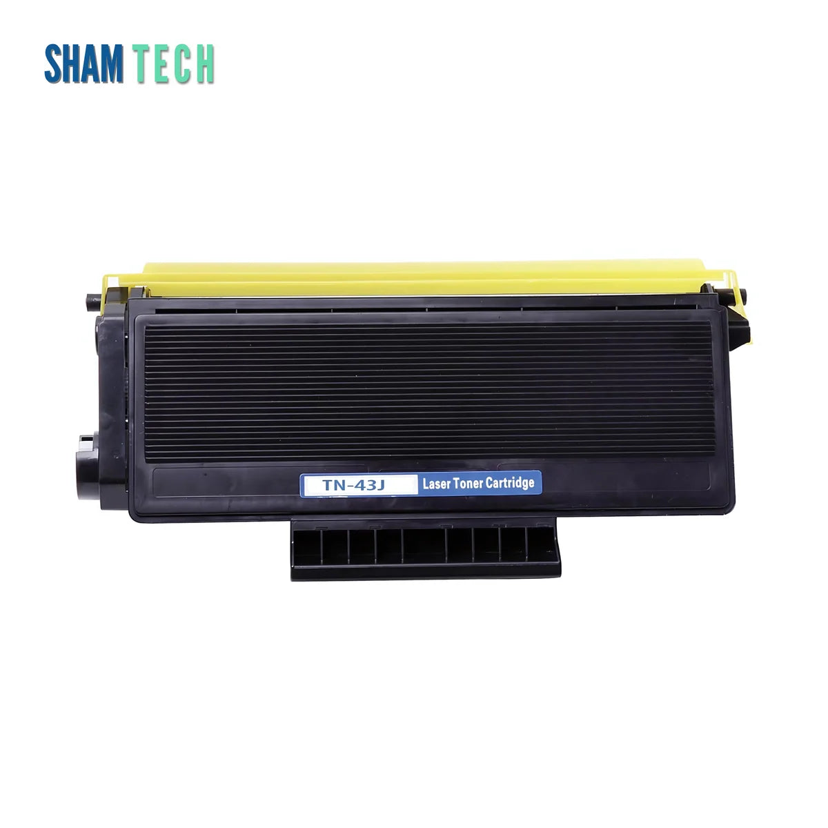 A black Brother laser printer cartridge is displayed horizontally without its box against a white background, featuring a ribbed black plastic housing, a yellow protective cap across the top, and a blue label reading "TN-43J Laser Toner Cartridge". The "SHAM TECH" logo appears in the top-left corner, and a large translucent "SHAM TECH" watermark is overlaid diagonally across the center of the image.