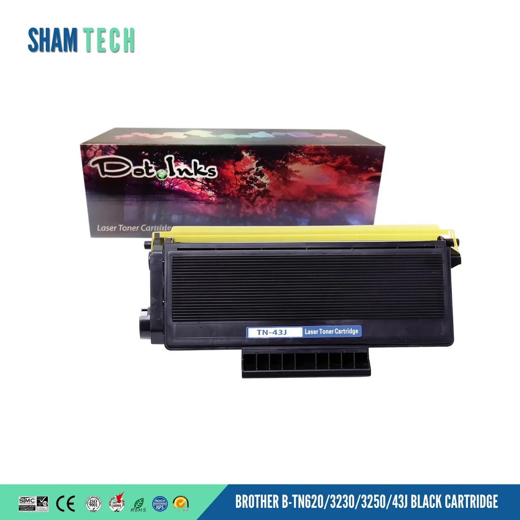 A BROTHER B-TN620/3230/3250/43J BLACK CARTRIDGE" features a black Brother laser printer cartridge displayed horizontally in front of its product box against a white background. The unit features a ribbed black plastic housing with a yellow protective cap across the top and a blue label reading "TN-43J Laser Toner Cartridge". In the background, the retail product box displays a vibrant, colorful abstract floral graphic with the "Dot Inks" logo and the text "Laser Toner Cartridge". and a bottom banner