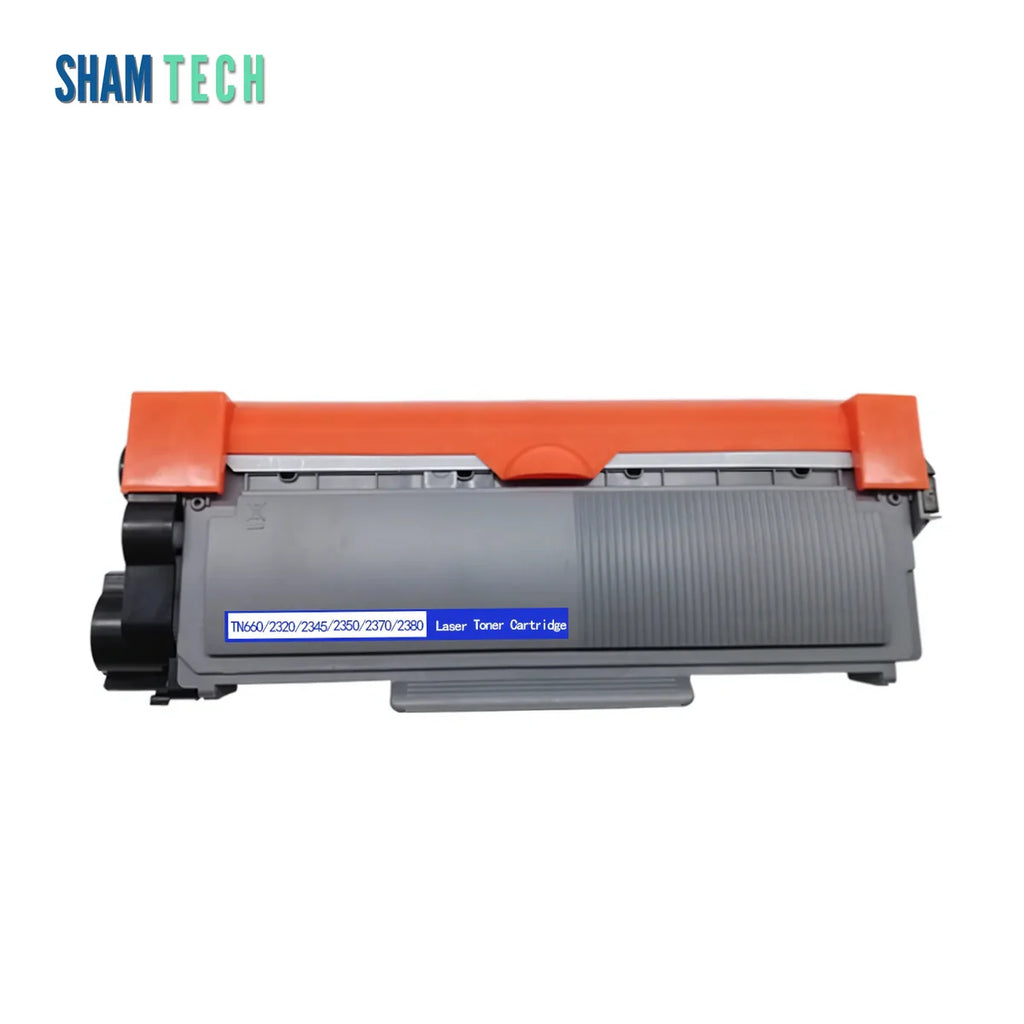 A gray Brother laser printer cartridge is displayed horizontally without its box against a white background, featuring a ribbed gray plastic housing with a bright orange protective cover along the top and a blue label reading "TN660/2320/2345/2350/2370/2380 Laser Toner Cartridge". The "SHAM TECH" logo appears in the top-left corner, and a large translucent "SHAM TECH" watermark is overlaid diagonally across the center of the image.