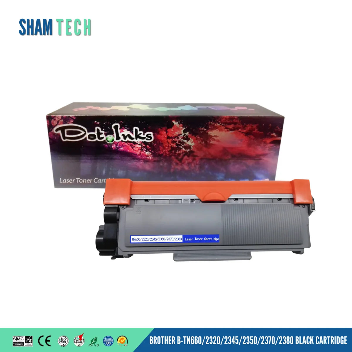 A BROTHER B-TN660/2320/2345/2350/2370/2380 BLACK CARTRIDGE features a gray Brother laser printer cartridge displayed horizontally in front of its product box against a white background. The unit features a ribbed gray plastic housing with a large orange protective cover across the top and a blue label reading "TN660/2320/2345/2350/2370/2380 Laser Toner Cartridge". In the background, the retail product box displays a vibrant, colorful abstract floral graphic with the "Dot Inks" logo.