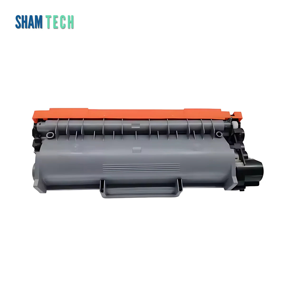A gray Brother laser printer cartridge is displayed horizontally without its box against a white background, featuring a molded gray and black plastic housing with a bright orange protective cover along the top and textured grip elements. The "SHAM TECH" logo appears in the top-left corner.