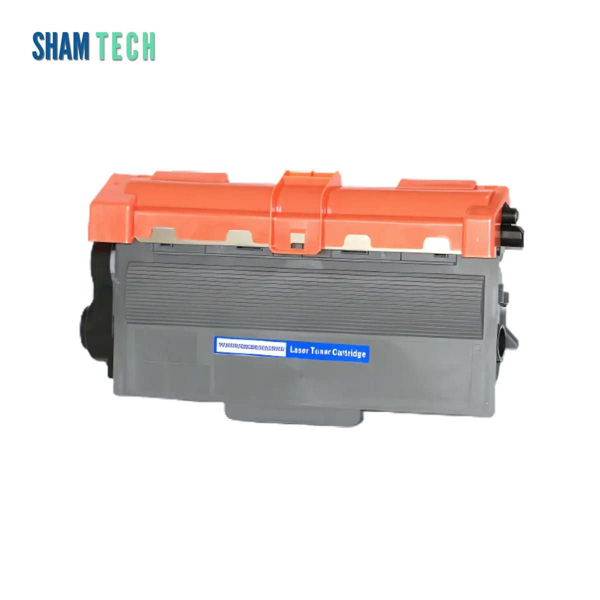 A gray Brother laser printer cartridge is displayed horizontally without its box against a white background, featuring a ribbed gray plastic housing with a large orange protective cover across the top and a blue label reading "Laser Toner Cartridge". The "SHAM TECH" logo appears in the top-left corner, and a large translucent "SHAM TECH" watermark is overlaid diagonally across the center of the image.