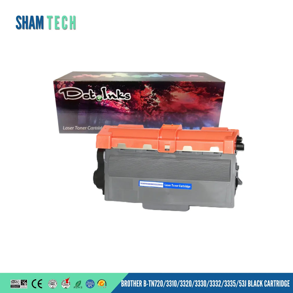 A BROTHER B-TN720/3310/3320/3330/3332/3335/53J BLACK CARTRIDGE" features a gray Brother laser printer cartridge displayed horizontally in front of its product box against a white background. The unit features a ribbed gray plastic housing with a large orange protective cover across the top and a blue label reading "Laser Toner Cartridge". In the background, the retail product box displays a vibrant, colorful abstract floral graphic with the "Dot Inks" logo and the text "Laser Toner Cartrid".