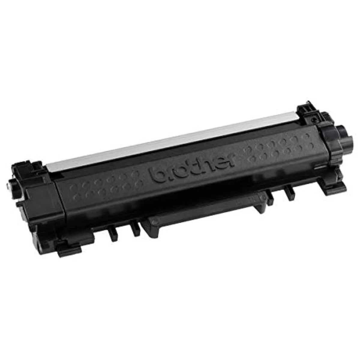 A standalone black Brother BR-TN2405 laser toner cartridge is displayed horizontally without its box against a white background, featuring a molded black plastic housing embossed with the "brother" logo and textured circular patterns, along with a silver metallic roller mechanism along the top.