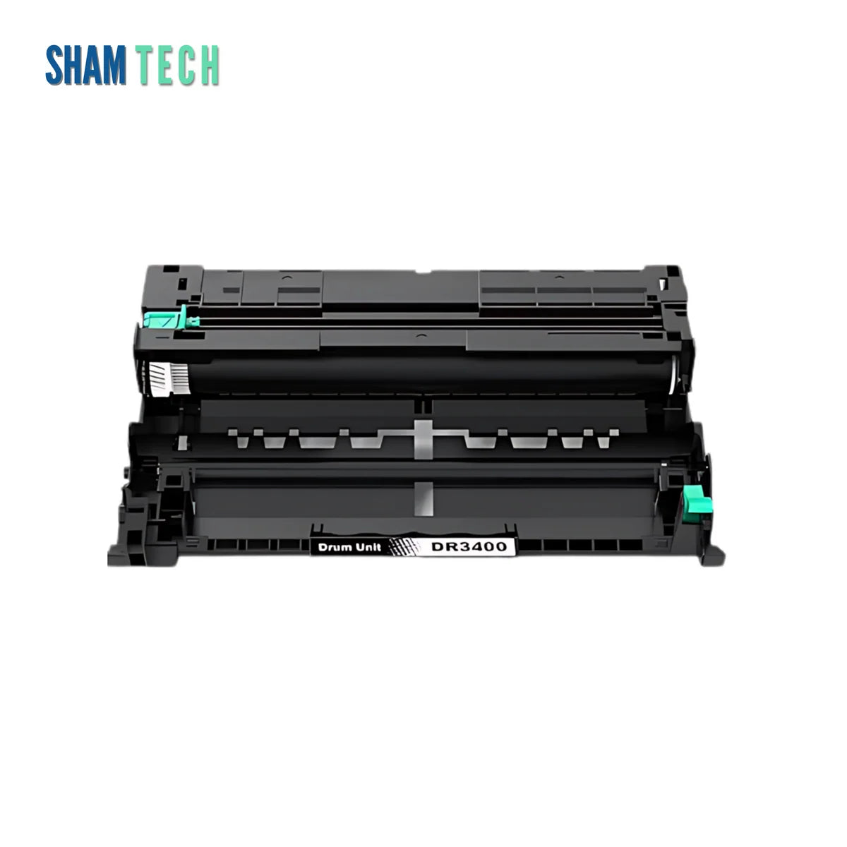 A compatible drum unit component for Brother printers (model DR3400) without its box set against a plain white background. The unit features a wide black plastic frame housing internal rollers, green corner release clips on the left and right sides, and a central white-and-black identification label reading "Drum Unit DR3400". The SHAM TECH brand logo appears in the upper-left corner of the frame.