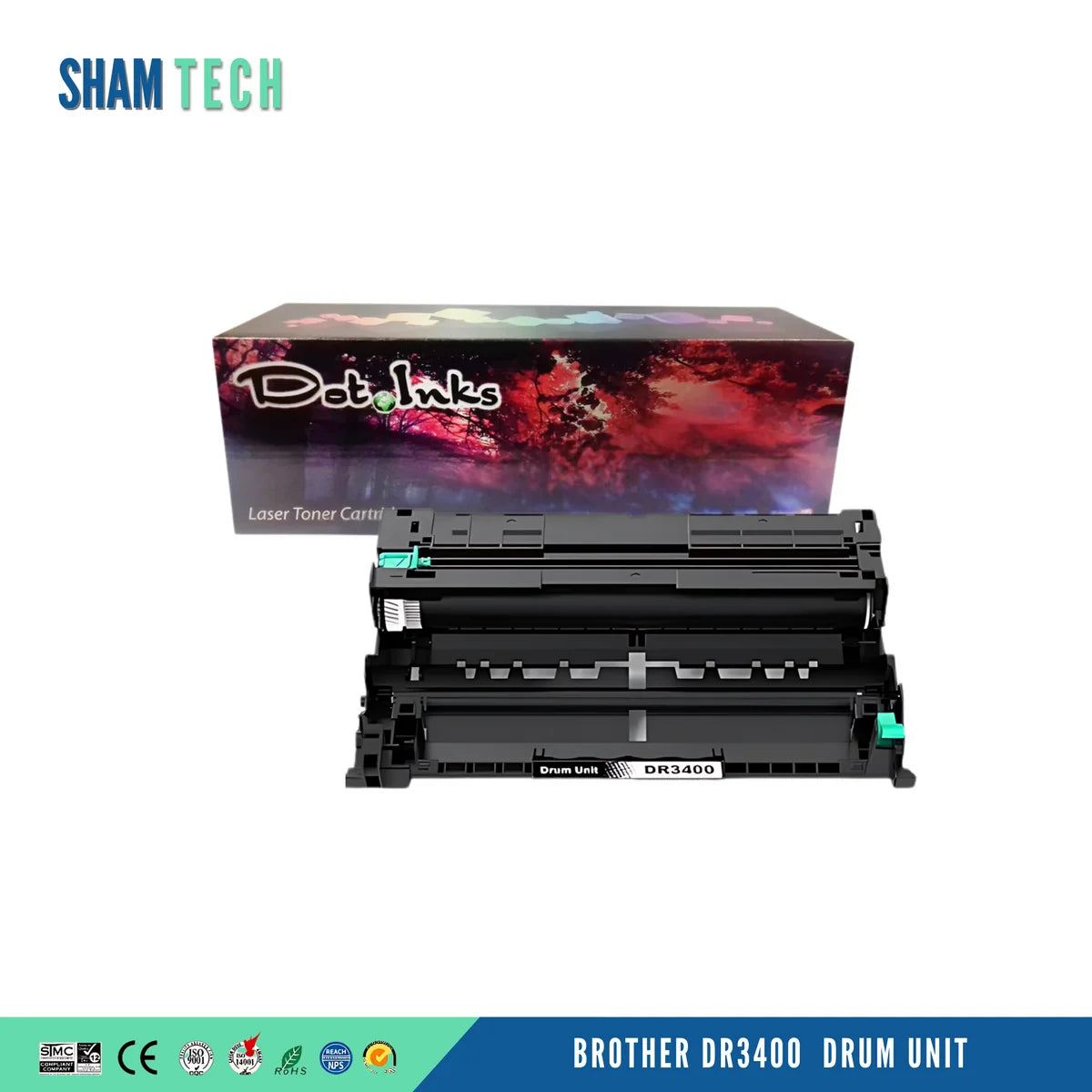 A Dot Inks compatible drum unit for Brother printers (model DR3400) positioned in front of its retail packaging box against a clean white background. The wide black plastic drum unit features internal rollers, green corner release clips, and a central identification label reading "Drum Unit DR3400". Behind it sits the Dot Inks retail box displaying the signature autumn forest scene and rainbow gradient bar. The upper-left corner features the SHAM TECH brand logo alongside a subtle watermark.