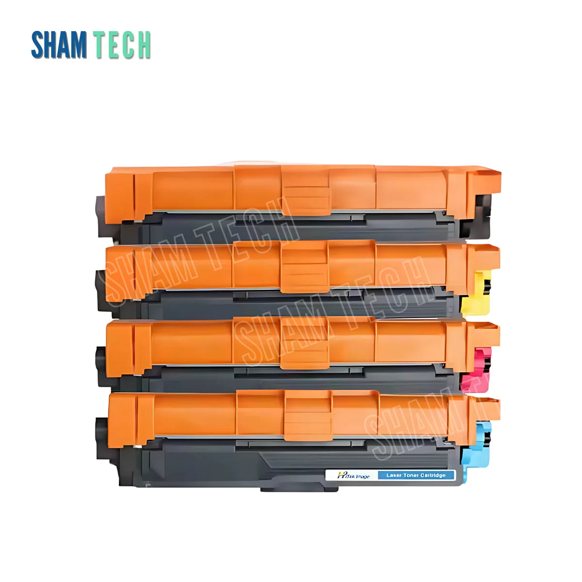 A stack of four Brother TN-213 color laser toner cartridges is displayed horizontally without their box against a white background, featuring black plastic housings with large orange protective covers across the top and color-coded end components. The "SHAM TECH" logo appears in the top-left corner, and a large translucent "SHAM TECH" watermark is overlaid diagonally across the center of the image.