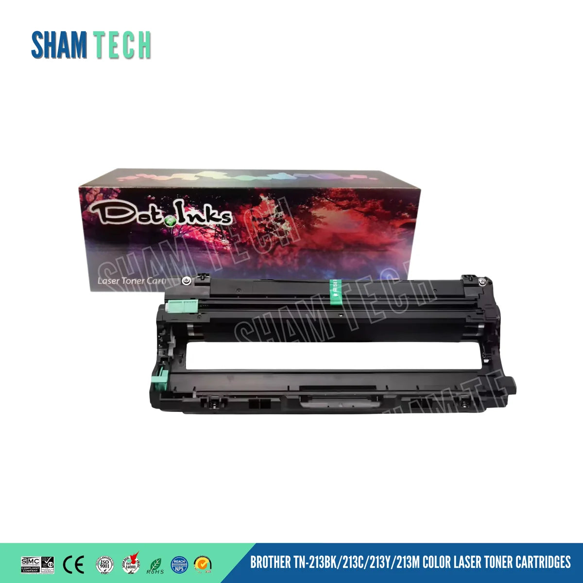 Brother TN-213BK/213C/213Y/213M Color Laser Toner Cartridges features a black Brother laser printer drum unit displayed horizontally in front of its product box against a white background. The unit features a structured plastic framework with green locking tabs and rollers. In the background, the retail product box displays a vibrant, colorful abstract floral graphic with the "Dot Inks" logo and the text "Laser Toner Cartridge". The top-left corner features the "SHAM TECH" logo