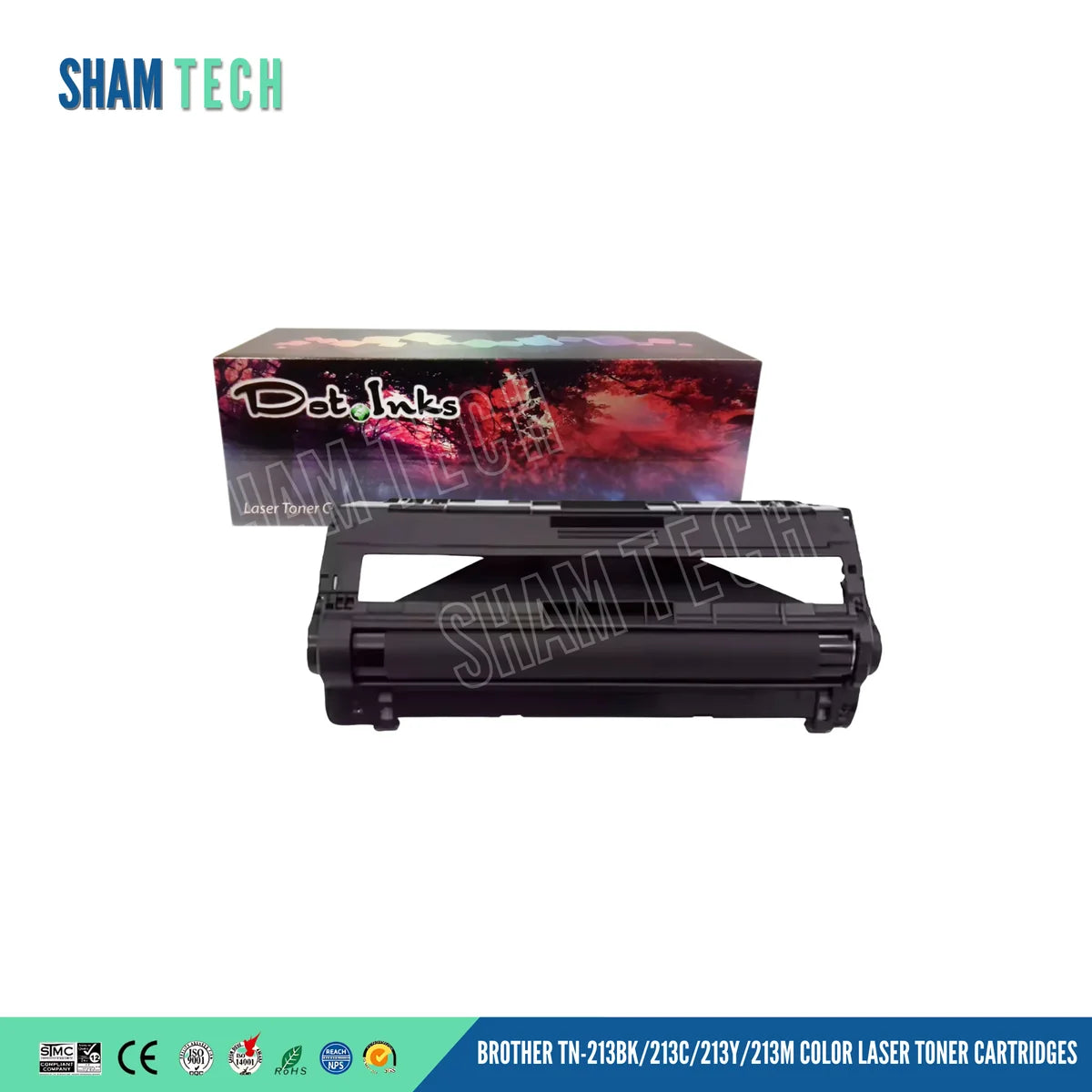Brother TN-213BK/213C/213Y/213M Color Laser Toner Cartridges features a black Brother laser printer drum unit displayed horizontally in front of its product box against a white background. The unit features a structured plastic framework with rollers. In the background, the retail product box displays a vibrant, colorful abstract floral graphic with the "Dot Inks" logo and the text "Laser Toner C". and a bottom banner displays various compliance and certification logos alongside a text 