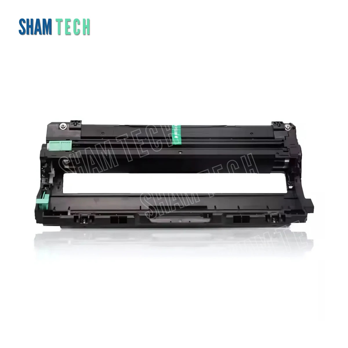 A black Brother laser printer drum unit is displayed horizontally without its box against a white background, featuring a structured plastic framework with green locking tabs and rollers. The "SHAM TECH" logo appears in the top-left corner, and a large translucent "SHAM TECH" watermark is overlaid diagonally across the center of the image.